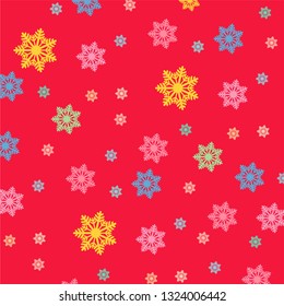 red background on colorful snowflakes pattern vector