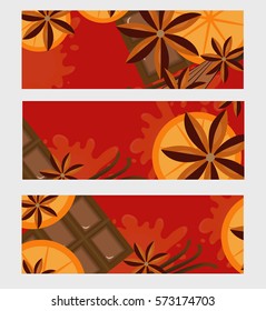 Red background with orange, cinnamon and chocolate. Mulled wine concept with space for text. Vector illustration