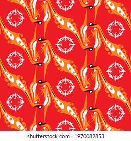 red background with orange and white abstract shape