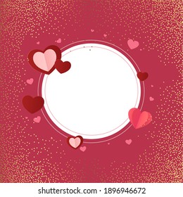 Red background with paper cut hearts and copyspace and glitter. Layout of a card for Valentine's Day, Mother's Day or Women's Day. Vector.