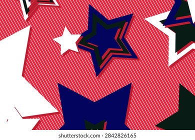 Red background pattern featuring various stars in multiple colors and geometric shapes for creative design projects