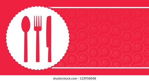 Red background with pattern for restaurant menu and plate, fork, knife