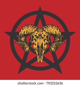 Red Background Pentagram Goat head. Vector Illustration Goat Head