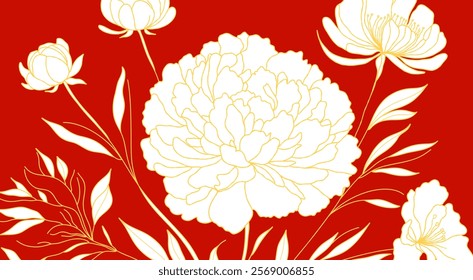 Red background with peonies. For wall art, wedding invitations, greeting cards, product labels, fashion design