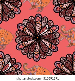 Red background with petals flower mandala and fishes ornaments. Dim. Vector image.