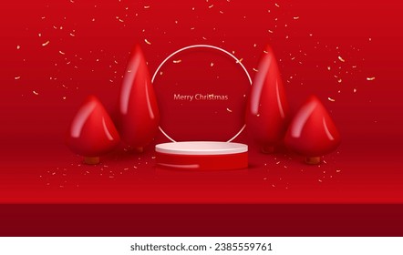 Red background with podium, 3d geometric realistic glossy trees and white ring in Christmas design. Holiday merry x-mas scene for display or present product for sale. Confetti celebration vector.