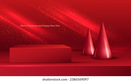 Red background with podium, 3d geometric realistic glossy trees Christmas design. Holiday merry x-mas scene for display or present product for sale. Glitter celebration vector.	
