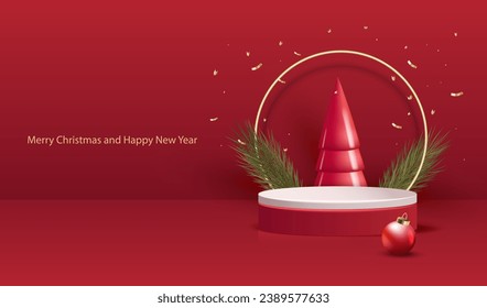Fondo rojo con podio, árboles glosos geométricos 3d, rama verde y anillo dorado en diseño navideño. Escena navideña navideña navideña para exhibición o regalo para la venta.	

