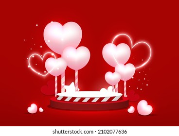 Red background with Podium for product display, elements festive decorative. Cute hearts shape balloons, stars. Valentine scene. Abstract studio. Vector illustration.