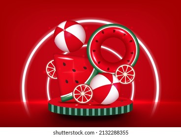 Red background podium for product display with neon light and summer elements. Toy inflatable pool float watermelon concept. Vector illustration.