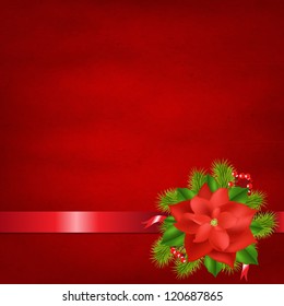 Red Background With Poinsettia And Ribbons With Gradient Mesh, Vector Illustration