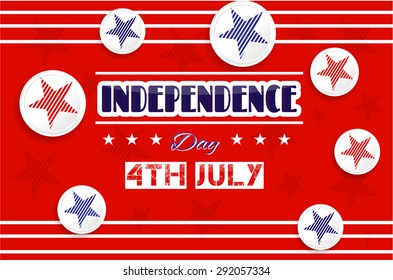 Red background, poster with white, round labels, icons with striped, blue, red star, text 4th July Independence Day
