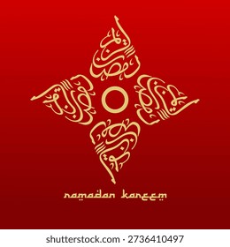 A red background Ramadan Kareem design featuring ornate golden Arabic calligraphy arranged in a symmetrical cross pattern with decorative typography below