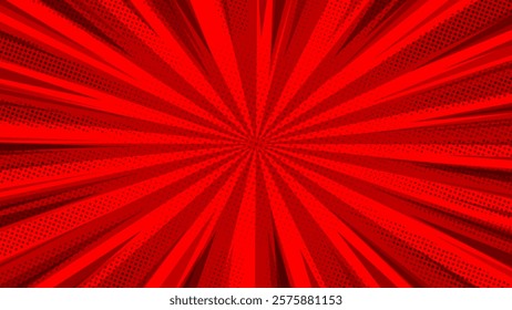 Red background with rays and halftone dots. Vector illustration.
