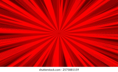 Red background with rays and halftone dots. Vector illustration.