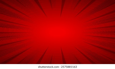 Red background with rays and halftone dots. Vector illustration.