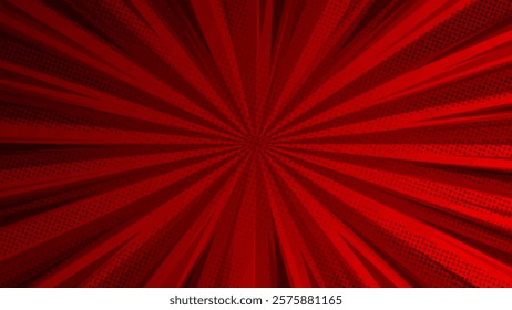 Red background with rays and halftone dots. Vector illustration.