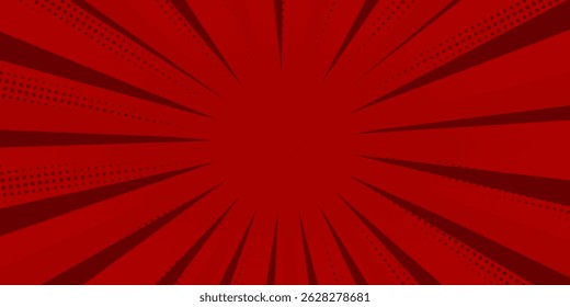 Fundo vermelho com raios e pontos de meio-tom. Ilustração vetorial.