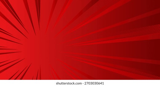 Red background with rays and halftone dots. Vector illustration.