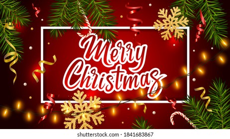 Red background with realistic pine branches, luminous garlands, candy, serpentine, glitter gold snowflake, lettering Merry Christmas. Christmas and New Year greeting card, poster, postcard, banner