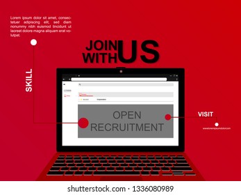 Red background, recruitment business and we are hiring, join with us, join our team vector.