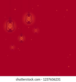 Red background with retro kerosene lamps, vintage lanterns and lights Imagination wallaper. Flat vector illustration. Magic, fairytale, mystery, winter holiday.