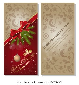 Red background with red ribbon and bow, and design elements for Christmas and New Year. Merry Christmas. Vector flyer template.