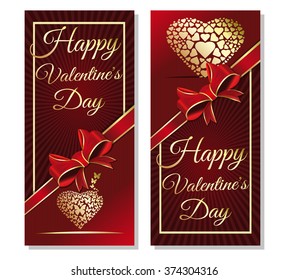 Red background with ribbon and bow for Valentine's Day. Greeting inscription - Happy Valentine's Day. Golden heart on red background. Gold greeting inscription.
