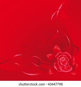 Red background with ribbons and rose, made of silk.