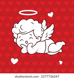 red background romantic baby boy angel with heart contemporary pop art icon vector flat illustration. Cupid cute heaven winged cartoon character love amour Valentine's 