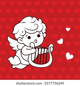 red background romantic baby boy angel with heart contemporary pop art icon vector flat illustration. Cupid cute heaven winged cartoon character love amour Valentine's 