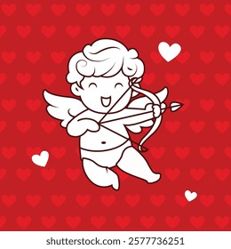 red background romantic baby boy angel with heart contemporary pop art icon vector flat illustration. Cupid cute heaven winged cartoon character love amour Valentine's 