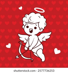 red background romantic baby boy angel with heart contemporary pop art icon vector flat illustration. Cupid cute heaven winged cartoon character love amour Valentine's 