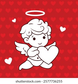 red background romantic baby boy angel with heart contemporary pop art icon vector flat illustration. Cupid cute heaven winged cartoon character love amour Valentine's 