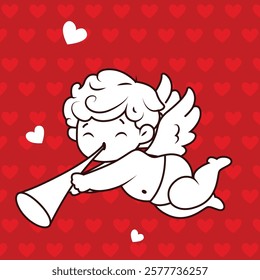 red background romantic baby boy angel with heart contemporary pop art icon vector flat illustration. Cupid cute heaven winged cartoon character love amour Valentine's 