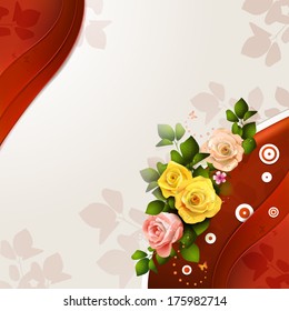 Red background with roses and butterflies