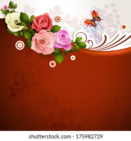 Red background with roses and butterflies