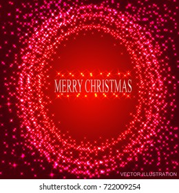 Red background with round frame from stars. Bright illustration for holidays merry christmas and new year. Vector illustration.