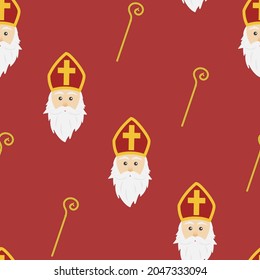 Red background for Saint Nicholas day wrapping paper concept. Seamless vector illustration pattern of Dutch holiday Sinterklaas holidays.