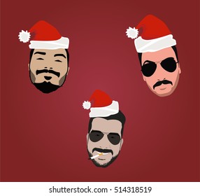 Red background with Santa Claus heads. Merry Christmas and Happy New Year! Vector illustration.