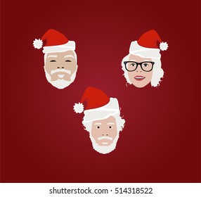 Red background with Santa Claus heads and girl Santa. Merry Christmas and Happy New Year! Vector illustration.