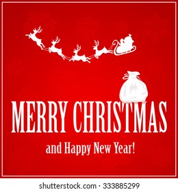 Red background with Santa, reindeers and a sack on the letters, illustration.