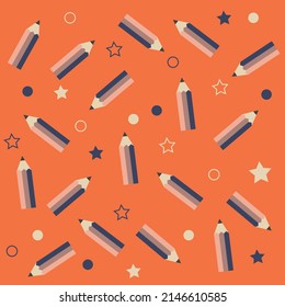 Red background with scattered pens, stars and circles professionally
