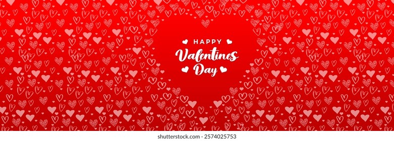 Red background with scattered pink handdrawn hearts. Happy Valentines Day text in white centered. Romantic and celebratory design.	
