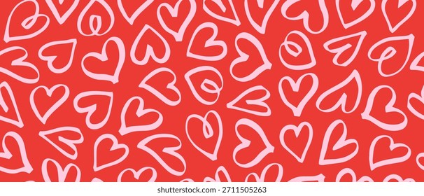 Red background with scattered pink hearts hand-drawn with a brush. Seamless pattern for Valentine's Day, love, romance, weddings, or anniversaries. Vector.