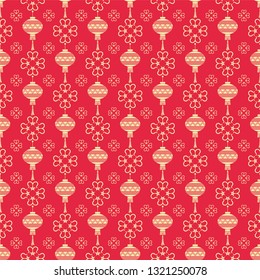 Red background, seamless pattern with lanterns in the Chinese style, wallpaper texture background image, vector illustration