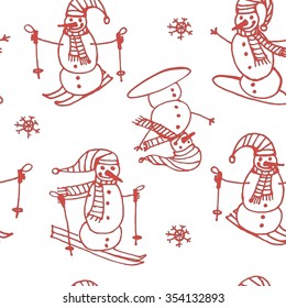 red background seamless pattern of snowmen go skiing and snowboarding contour cartoon vector illustration