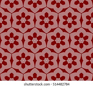 red background with seamless sacred pattern. silver triangle flower. vector illustration. for design invitation, wallpaper, fabric