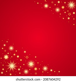 red background with shining gold stars and confetti. concept of new year  holidays and Xmas. vector illustration