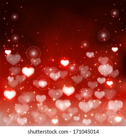 Red background with shiny blurry hearts and stars, illustration.